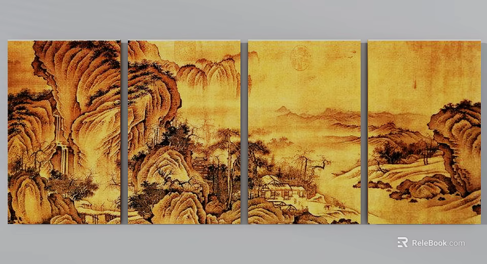 Traditional Chinese Landscape Painting Four Panel Artwork With Golden Tone Mountains Trees And Small House 3d model 