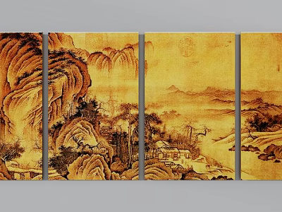 Traditional Chinese Landscape Painting Four Panel Artwork With Golden Tone Mountains Trees And Small House 3d model