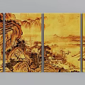 Traditional Chinese Landscape Painting Four Panel Artwork With Golden Tone Mountains Trees And Small House