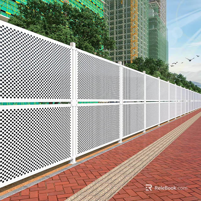 White Perforated Metal Fence Along Red Brick Pavement With Trees And Building 3d model 