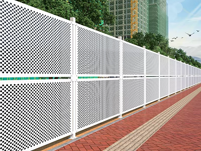 White Perforated Metal Fence Along Red Brick Pavement With Trees And Building 3d model