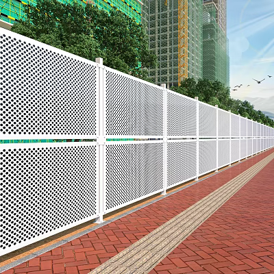 White Perforated Metal Fence Along Red Brick Pavement With Trees And Building 3d model