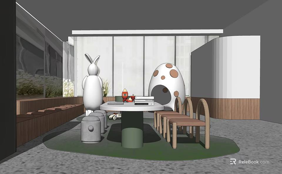 Kids Table With Wooden Chairs Rabbit Sculpture Egg Shaped Decoration And Green Lawn 3d model 