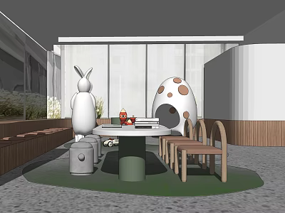 Kids Table With Wooden Chairs Rabbit Sculpture Egg Shaped Decoration And Green Lawn 3d model