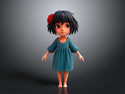 3D Animated Game Character Girl With Short Black Hair Red Flower Blue Dress And Barefoot 3d model