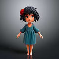 3D Animated Game Character Girl With Short Black Hair Red Flower Blue Dress And Barefoot