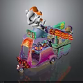 Colorful Mobile Food Cart With Steam Top Vibrant Decorations And Street Snacks