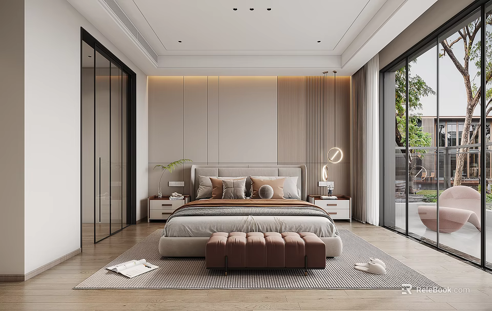 Modern Bedroom Interior With Large Bed Nightstands Decorative Lamp And Floor to Ceiling Windows 3d model 
