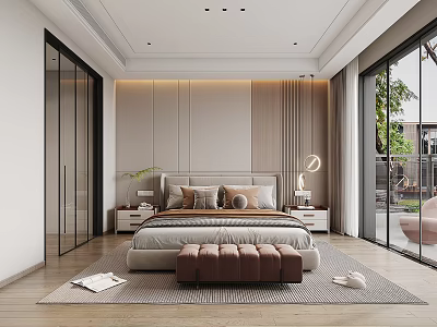 Modern Bedroom Interior With Large Bed Nightstands Decorative Lamp And Floor to Ceiling Windows 3d model