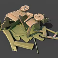 Old Collapsed Wooden Structure With Broken Planks Wheels And Scattered Debris 3d model