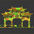 Traditional Chinese Ornamental Architectural Archway With Yellow Multi Eave Roof And Stone Pillars