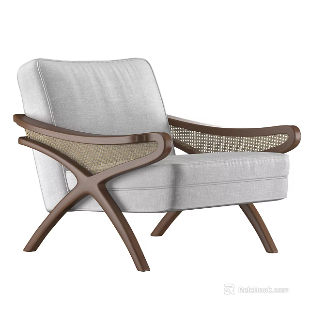 Modern Light Gray Upholstered Single Sofa With Wooden Frame And Woven Armrests 3d model 