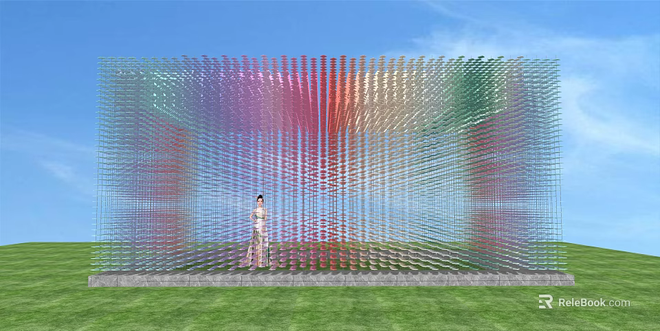 Colorful Transparent Pergola With Glass Panels And Standing Figure On Green Grass Under Blue Sky 3d model 