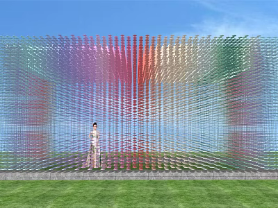 Colorful Transparent Pergola With Glass Panels And Standing Figure On Green Grass Under Blue Sky 3d model