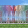 Colorful Transparent Pergola With Glass Panels And Standing Figure On Green Grass Under Blue Sky