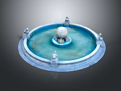Elegant Round Garden Fountain With Central Globe And Decorative Stone Statues 3d model
