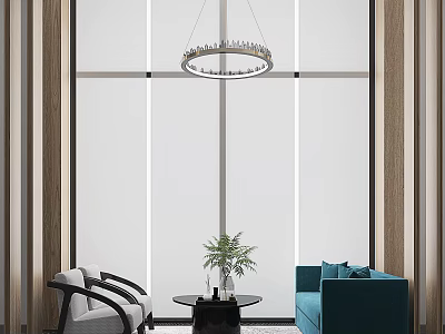 Modern Blue Sofa And Coffee Table Set With Chair Potted Plant Large Window And Chandelier 3d model