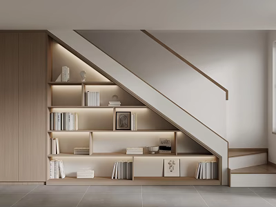 Modern Built In Under Staircase Storage Shelf With Soft Led Light For Book And Decor 3d model