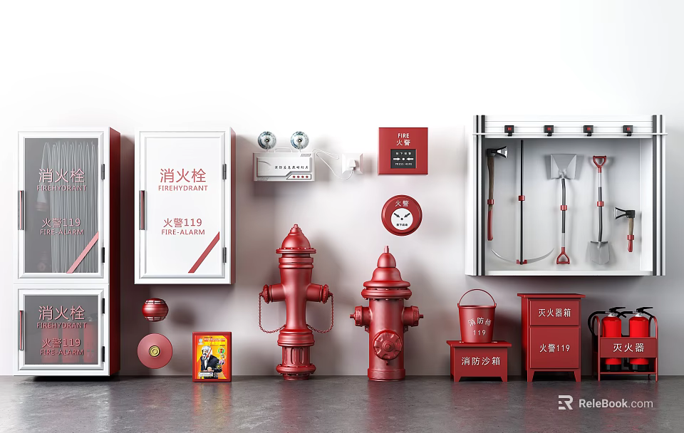 Comprehensive Fire Equipment Collection Featuring Hydrants Extinguishers Hose Cabinets Alarm Devices Axes and Shovels 3d model 