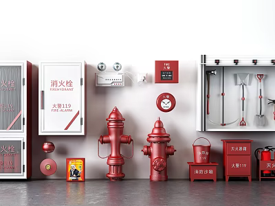 Comprehensive Fire Equipment Collection Featuring Hydrants Extinguishers Hose Cabinets Alarm Devices Axes and Shovels 3d model