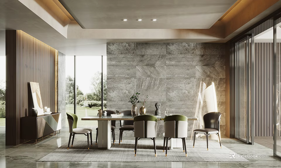 Modern Dining Room Interior Design With Marble Wall Dining Table Green Chairs And Lighting 3d model