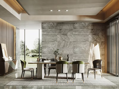 Modern Dining Room Interior Design With Marble Wall Dining Table Green Chairs And Lighting 3d model