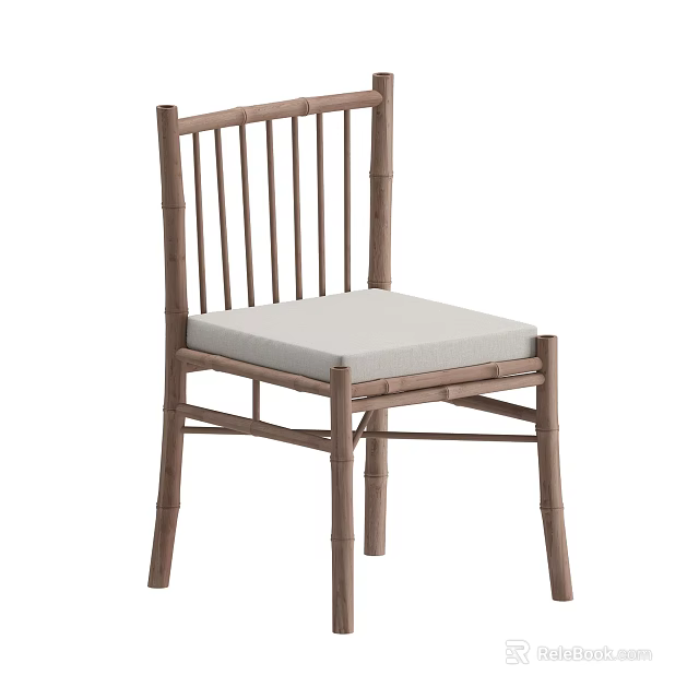 Modern Single Chair With Wooden Frame Vertical Slat Backrest And Light Gray Cushioned Seat 3d model 