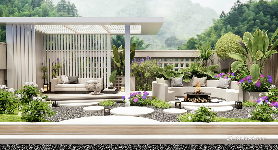 Modern Courtyard Garden With Pergola Outdoor Sofas Fire Pit Stone Patio And Lush Plants 3d model 