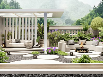 Modern Courtyard Garden With Pergola Outdoor Sofas Fire Pit Stone Patio And Lush Plants 3d model