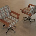 Modern Office Chair With Plaid Pattern Wooden Armrests And Metal Base Wheels