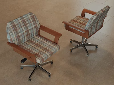 Modern Office Chair With Plaid Pattern Wooden Armrests And Metal Base Wheels 3d model