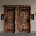 Vintage Double Wooden Doors With Carvings Wall Lamps And Gray Baseboards On Beige Walls