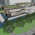 Modern Sales Office Building With Glass Facade And Reflection Pool In Landscaped Surroundings 3d model