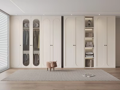 Modern White Wardrobe Interior With Glass Doors Clothes Small Stool Wooden Floor And Rug 3d model