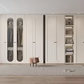 Modern White Wardrobe Interior With Glass Doors Clothes Small Stool Wooden Floor And Rug