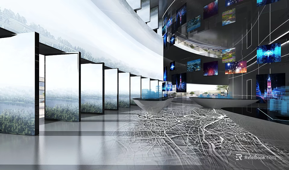 Modern Curved Interior Space With Digital Screens And Projection Art Installations 3d model 