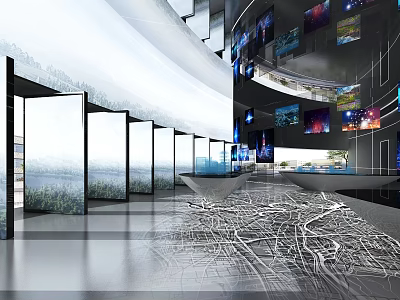 Modern Curved Interior Space With Digital Screens And Projection Art Installations 3d model