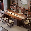 Chinese Style Wooden Tea Table and Chairs in Elegant Living Room with Bookshelves and Decorations