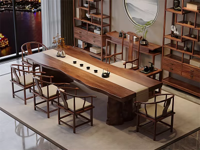 Chinese Style Wooden Tea Table and Chairs in Elegant Living Room with Bookshelves and Decorations 3d model