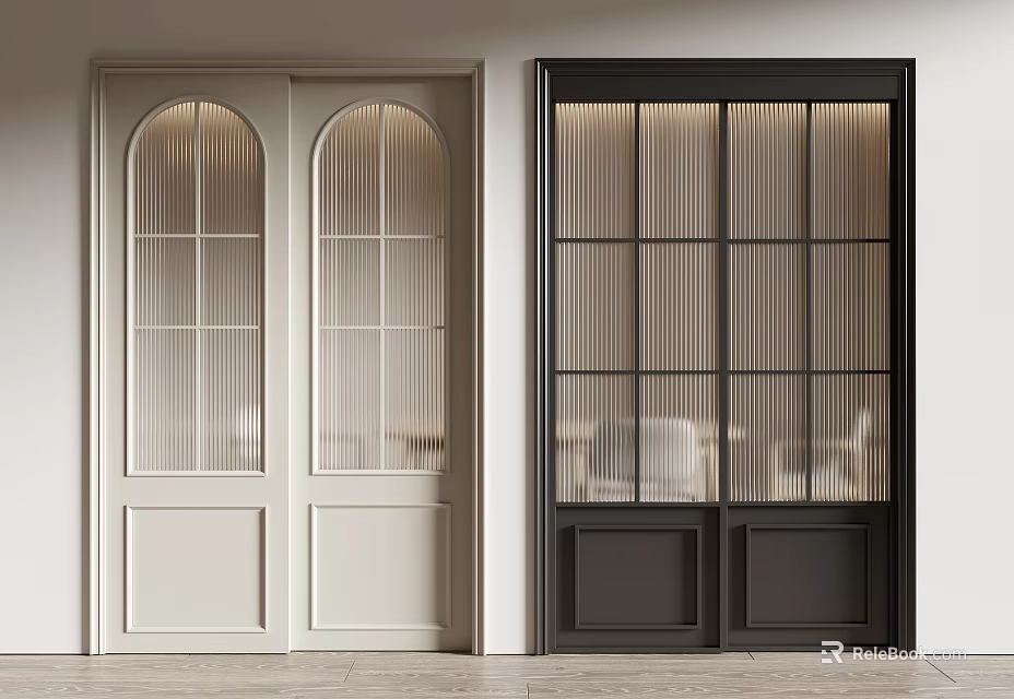 Modern Sliding Doors With Arched Glass Panels And Black White Frames For Interior Design 3d model