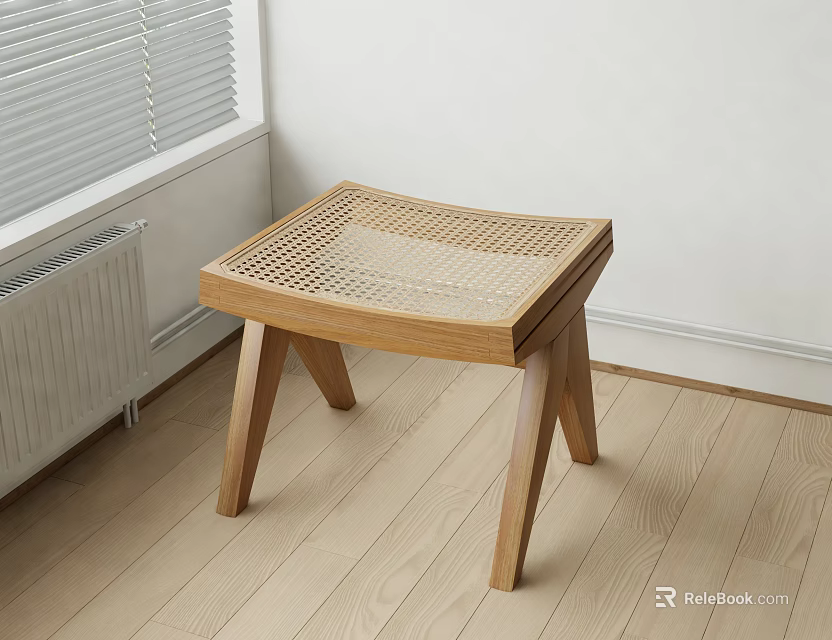 Natural Wooden Stool With Woven Seat On Light Wooden Floor White Wall 3d model 