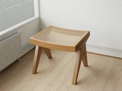 Natural Wooden Stool With Woven Seat On Light Wooden Floor White Wall 3d model