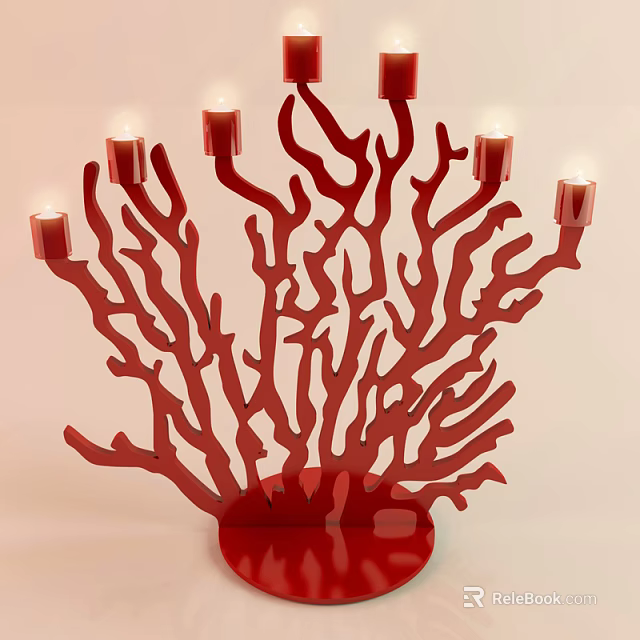 Red Coral Shaped Candle Lamp with Multiple Lit Candles and Decorative Design 3d model 