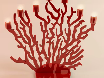 Red Coral Shaped Candle Lamp with Multiple Lit Candles and Decorative Design 3d model