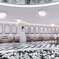 Elegant Restaurant Interior Featuring Black White Striped Flooring Circular Wall Art And Pendant Lights