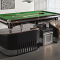 Billiard Table With Green Felt Surface Cues Balls Black Bench And Brown Leather Sofa