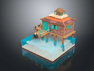 Scenic Waterfront Landscape With Wooden Cabin Orange Roof And Blue Door 3d model