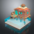 Scenic Waterfront Landscape With Wooden Cabin Orange Roof And Blue Door