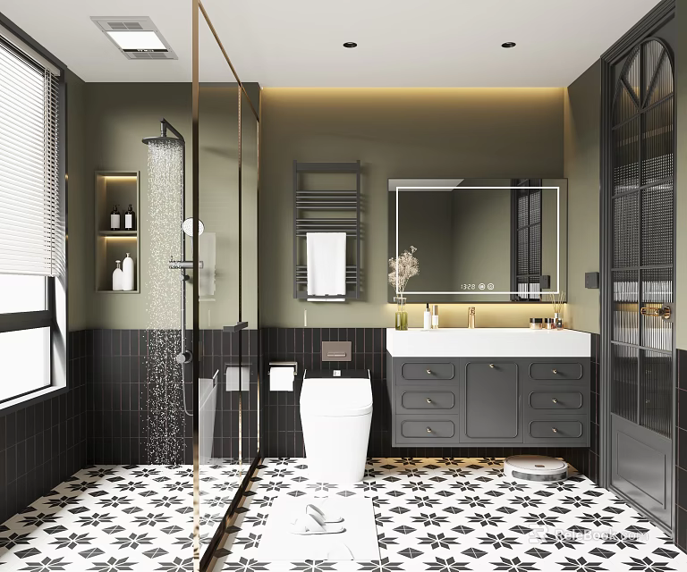Modern Elegant Bathroom With Patterned Floor Tiles And Full Set Of Premium Bath Fixtures 3d model 