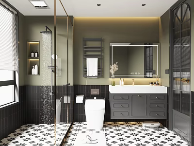 Modern Elegant Bathroom With Patterned Floor Tiles And Full Set Of Premium Bath Fixtures 3d model
